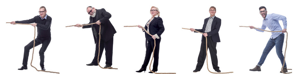 Business people pulling rope isolated on white