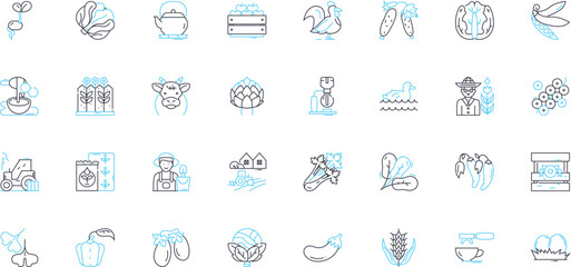Ranch linear icons set. Horses, Cattle, Stables, Barn, Pastures, Hay, Rodeo line vector and concept signs. Cowboy,Wrangler,Wild West outline illustrations