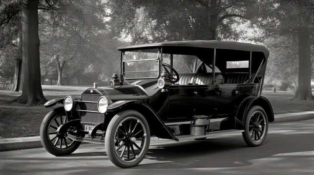 An old black and white photo of a vintage car on the street with a forest background. Generative ai