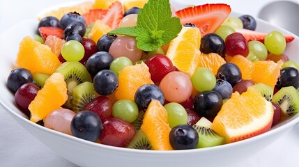 A close-up healthy fruit salad in a white bowl. Generative AI
