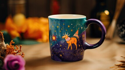 A colorful horoscope mug on a home kitchen table. Generative AI