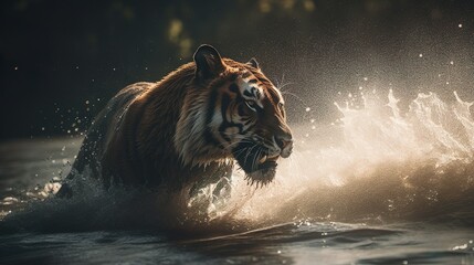Feel the raw power and energy of wildlife with this stunning stock photo of a majestic tiger galloping through a river
