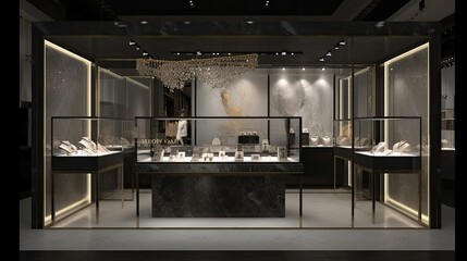 A custom storefront display for a high-end jewelry store. Black interior. Generative AI - obrazy, fototapety, plakaty