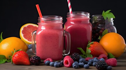 A juicy fruit smoothie in a glass jar with colorful fruits on the forefront on a black background. Generative AI