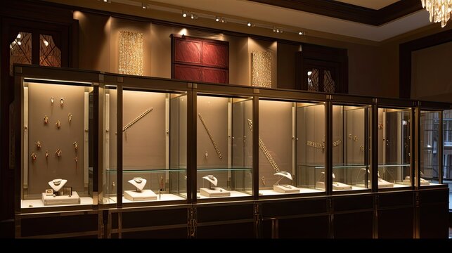 A custom storefront display for a high-end jewelry store. IInterior view. Generative AI