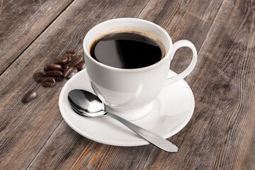 Tasty hot aroma coffee on the desk