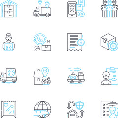 Freight transport linear icons set. Cargo, Logistics, Shipment, Transport, Delivery, Haulage, Container line vector and concept signs. Import,Export,Trucking outline illustrations