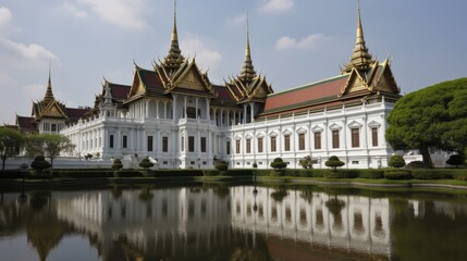 Naklejka premium A grand white palace with a reflective moat. Generative AI