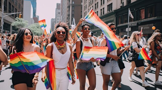 A group of people participating in the traditional pride parade holding colorful flags. Generative AI