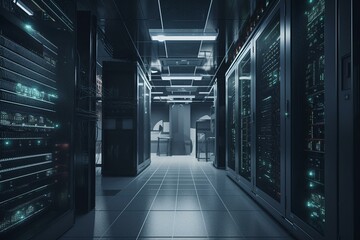 Fototapeta na wymiar 3D server room with computer programming design elements. Generative AI