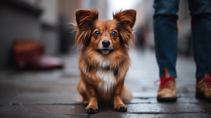 Canine in the city. Closeup of a dog on an urban walkway. Generative AI