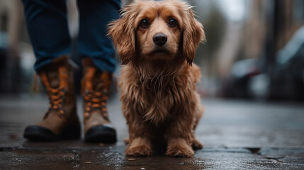 Closeup portrait of a dog and a man standing near on an urban footpath. City pet portrait. Generative AI