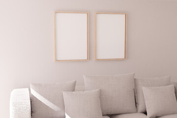 Mock up poster frame in modern interior background, living room, scandinavian style, 3D render, 3D illustration, realistic wooden painting mockup