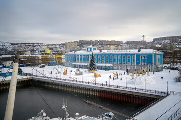 View from the nuclear icebreaker "Lenin" to the city of Murmansk. Russia March 2023