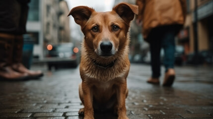 Dog sitting on a footpath in the city. Urban canine portrait. Generative AI