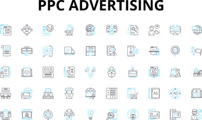 PPC advertising linear icons set. Adwords, Bidding, Campaigns, Clicks, Conversions, Cost-per-click, CTR vector symbols and line concept signs. Display,Google Ads,Impressions illustration