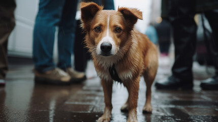 City dog closeup. Wet pet standing on a sidewalk in the urban environment with people agound. Generative AI