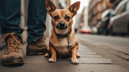 Dog in the city street. Pet sitting on a sidewalk in the urban environment. Generative AI
