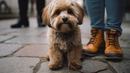 Urban dog portrait. Close-up of a pet on a city footpath with people on background. Generative AI