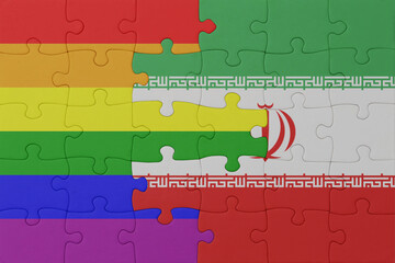 puzzle with the flag of rainbow gay pride and iran . macro.concept.