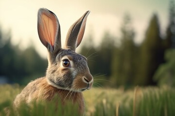 An illustration of a Dutch rabbit's pointy ears against a blurred nature landscape background. Generative AI