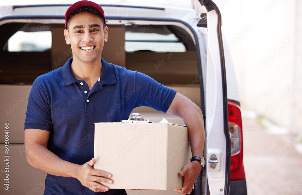 Poster We pride ourselves on our quick and efficient service. Portrait of a young delivery man loading boxes from a van.