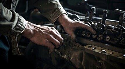 A close-up image of a car mechanic's hands working on an engine. Generative AI