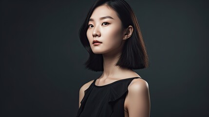 Naklejka premium A portrait of a woman wearing a black dress in a dark isolated background. Generative AI