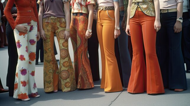 A group of people wearing colorful bell bottoms pants, pop style. Generative AI