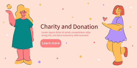 Donation and charity concept.web banner,card,infographic.Two girls donate money and love.Simple flat vector illustration