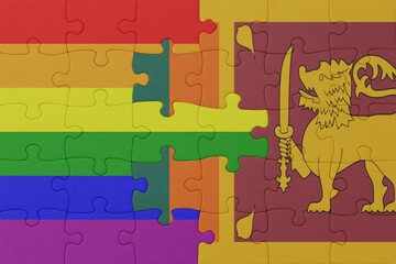 puzzle with the flag of rainbow gay pride and sri lanka . macro.concept.