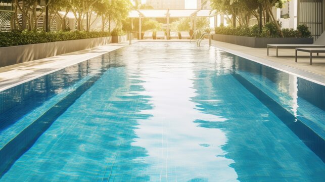 A big swimming pool in tropical resort. Gnerative AI © Mockup Station