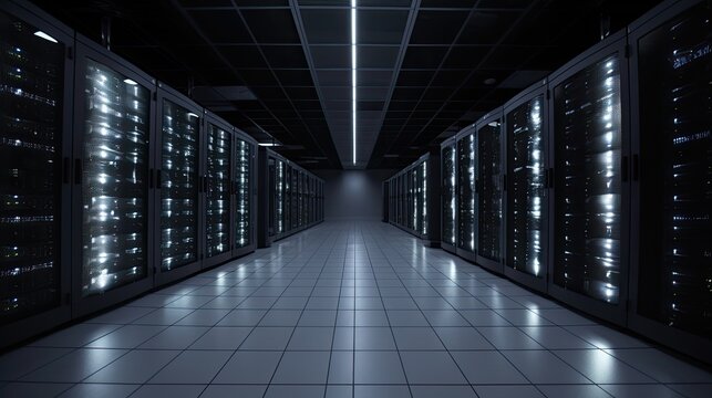 A shimmering data center filled with arrays of humming servers. Technology Concept. Genrative AI