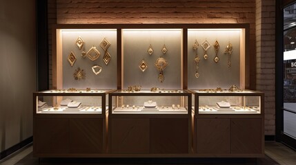 A display for a jewelry store featuring  custom rings, earings and bracelets. Generative AI