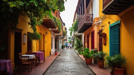 A street scene in the colorful colonial city of Cartagena with a narrow road. Generative AI