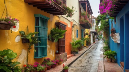 A street scene in the colorful colonial city of Cartagena. Generative AI