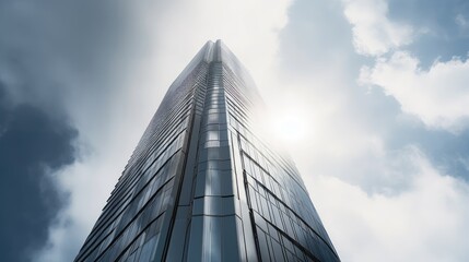 A low-angle view modern office building with sunlight reflection on windows. Generative AI