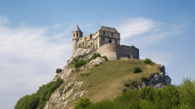 A stone castle perched atop a hill. Generative AI