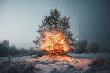 A gleaming yule tree, standing ablaze in the snowy outdoors. Generative AI - obrazy, fototapety, plakaty