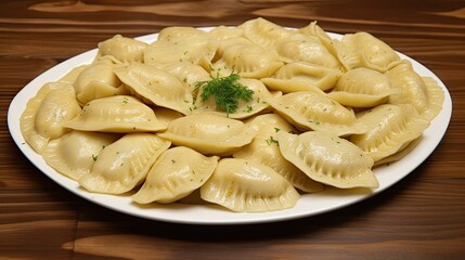 Italian cheese ravioli  on a white plate on a wooden table, Generative AI