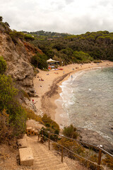 High angle view over Barabarca Beach, a free sandy beach situated near village Capoliveri in the...