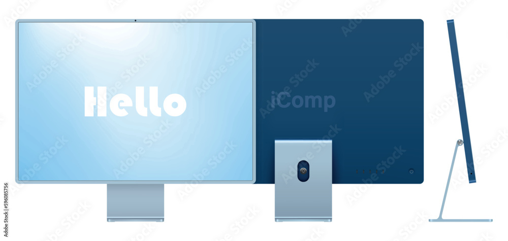 Poster computer display blue color with colored screen front, back and side view isolated on white backgrou