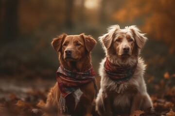 Two dogs in a fall forest Generative AI