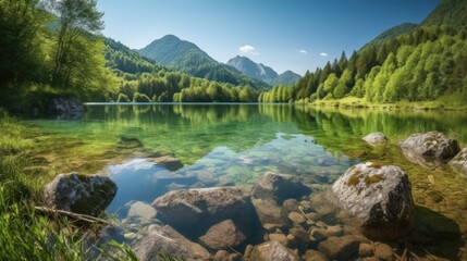 A lake in the mountains with a green tree in the foreground Generative AI