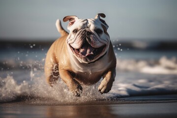 A bulldog runs through the water on a sunny day Generative AI - obrazy, fototapety, plakaty