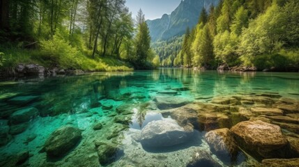 A lake in the mountains with a green tree in the foreground Generative AI