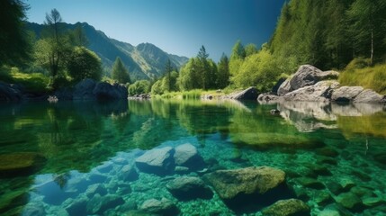 Fototapeta na wymiar A lake in the mountains with green trees and rocks Generative AI