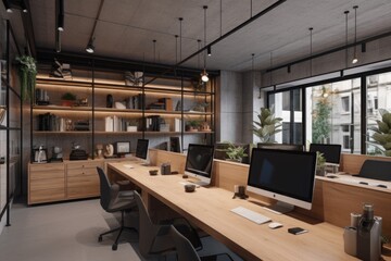 Naklejka premium A modern office with a wooden table and chairs and a large window with a plant in the middle Genera