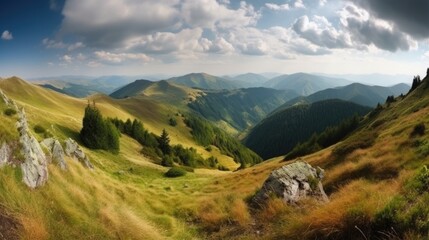 Naklejka premium A mountain landscape with a cloudy sky and a mountain landscape with a mountain Generative AI