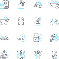 Fitness coaching linear icons set. Endurance, Strength, Conditioning, Flexibility, Agility, Mobility, Core line vector and concept signs. Resistance,Stamina,Cardio outline illustrations